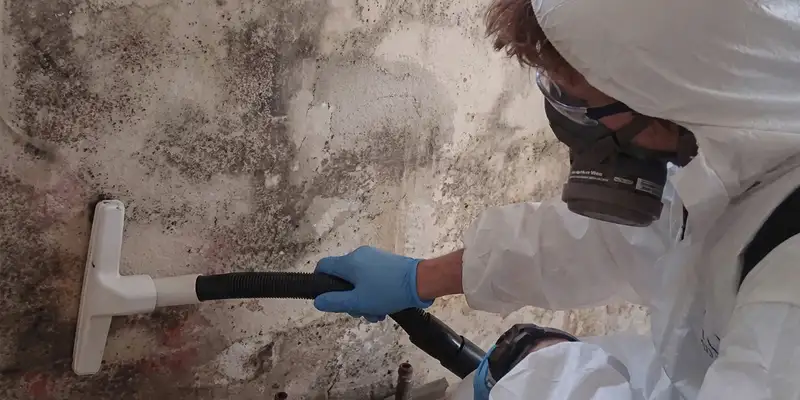professional mold removal technician wearing protective equipment removing mold from a wall in Boca Raton, FL